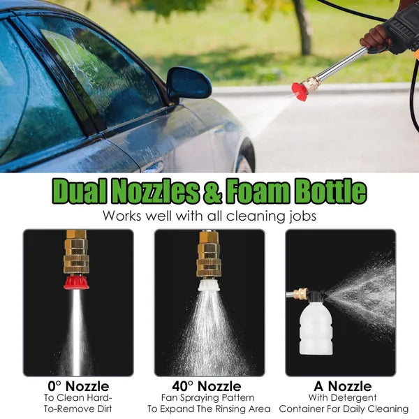 Car being washed with a pressure washer, showing dual nozzles and foam bottle features.