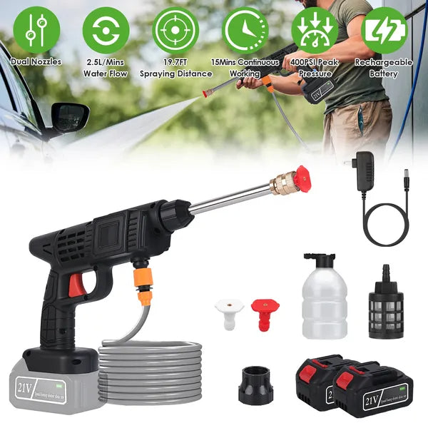 High-pressure washer with various attachments and features displayed on a white background.