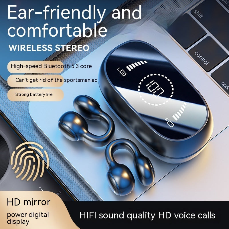 Wireless stereo earbuds with charging case on a laptop keyboard, featuring text highlighting features.