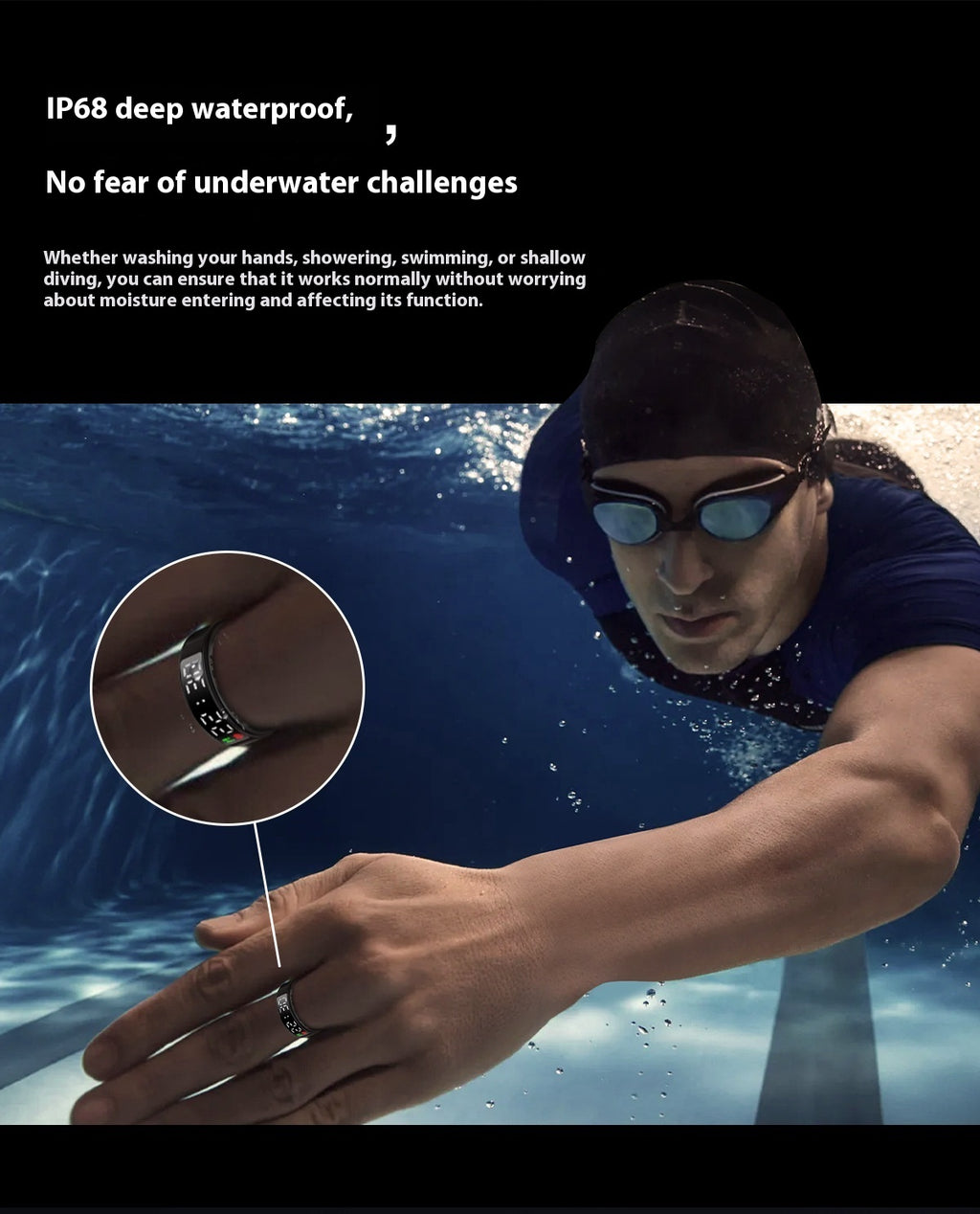Person underwater wearing a watch with text about deep water waterproofing.