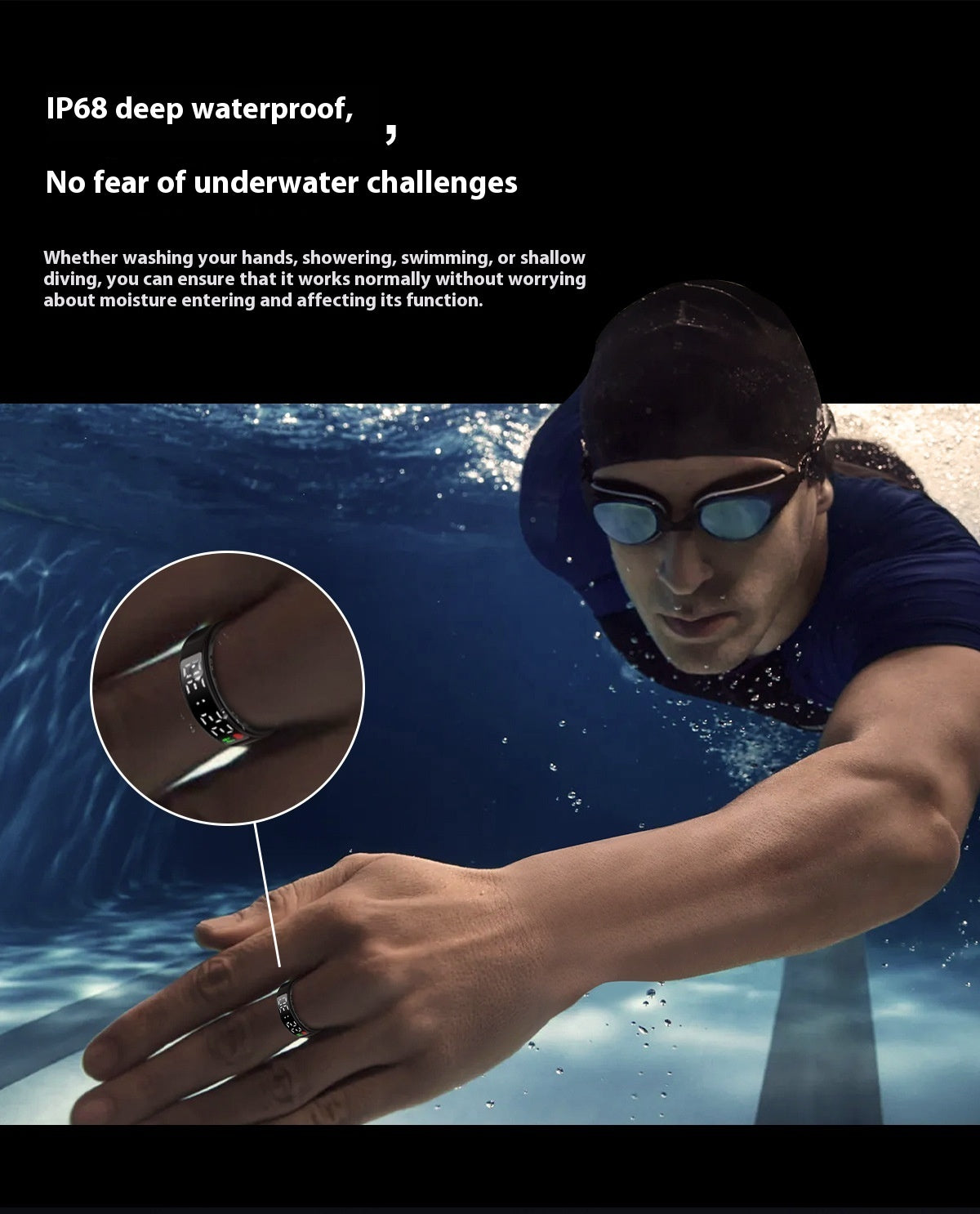 Person underwater wearing a watch with text about deep water waterproofing.