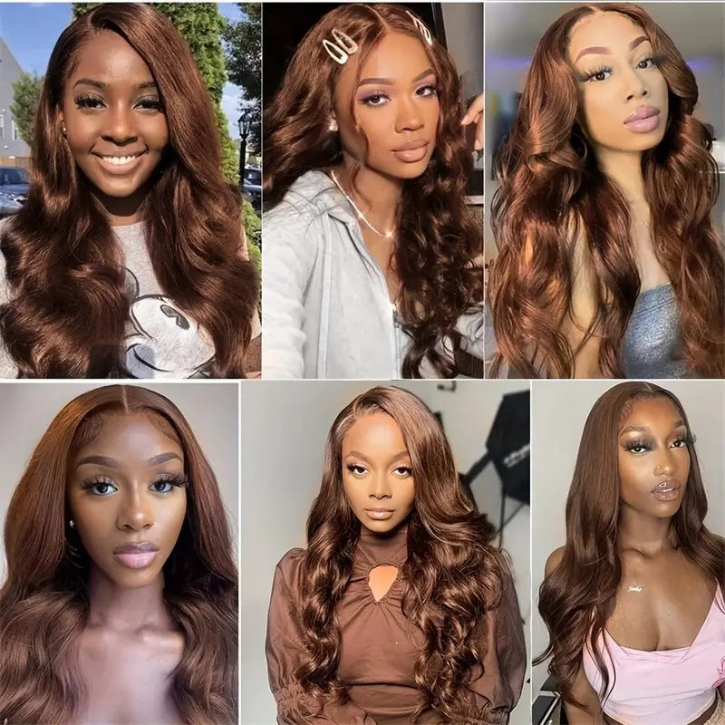 Collage of a woman with long, wavy brown hair in various settings.