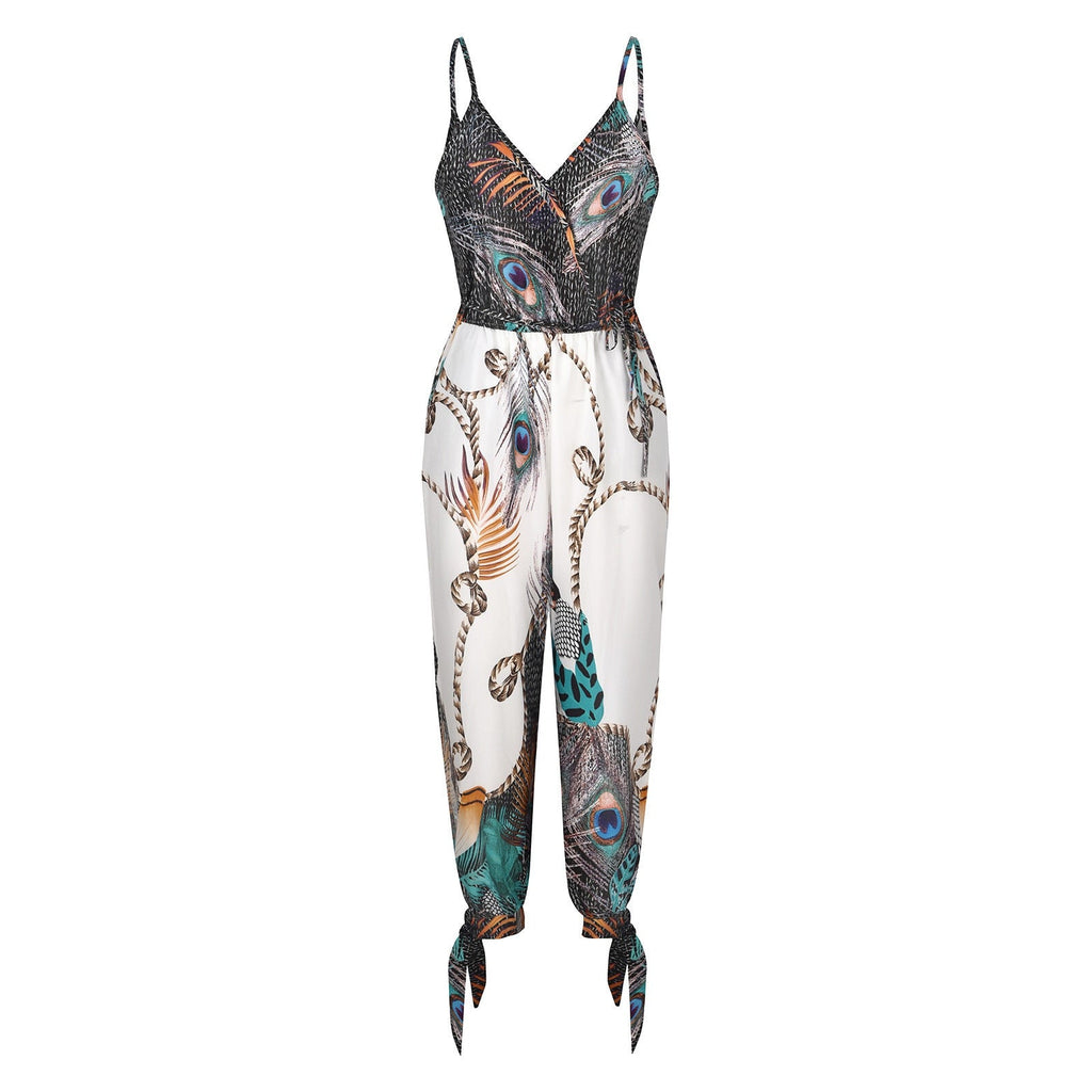best 2021 Autumn Women Casual Sleeveless V-Neck Jumpsuits Ladies Boho Floral Bodysuit Loose Long Pencil Side Slit Pants Plus Size 0 shop online at M2K Trends for