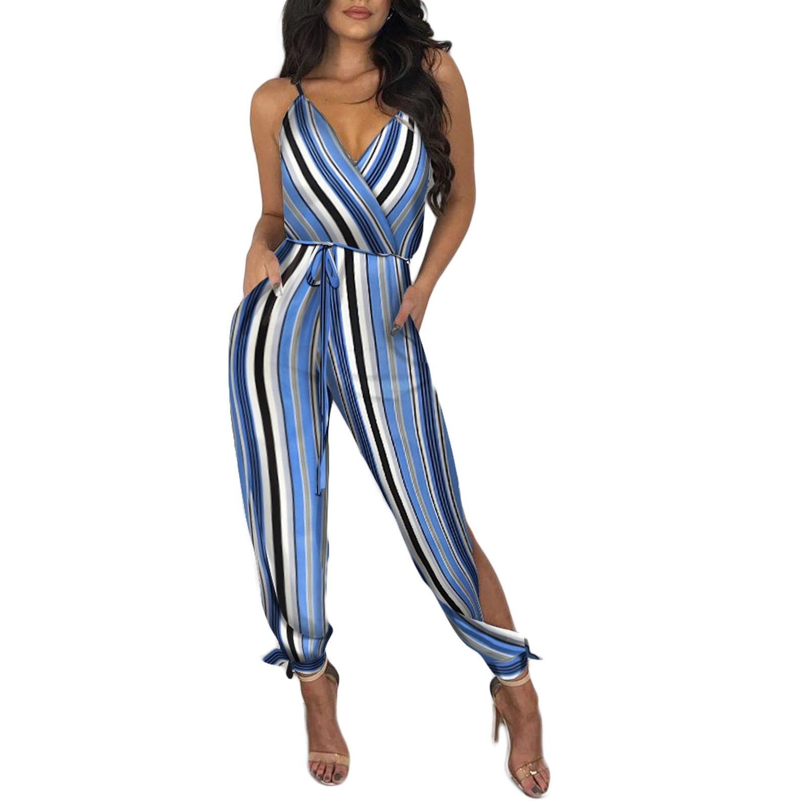 best 2021 Autumn Women Casual Sleeveless V-Neck Jumpsuits Ladies Boho Floral Bodysuit Loose Long Pencil Side Slit Pants Plus Size 0 shop online at M2K Trends for