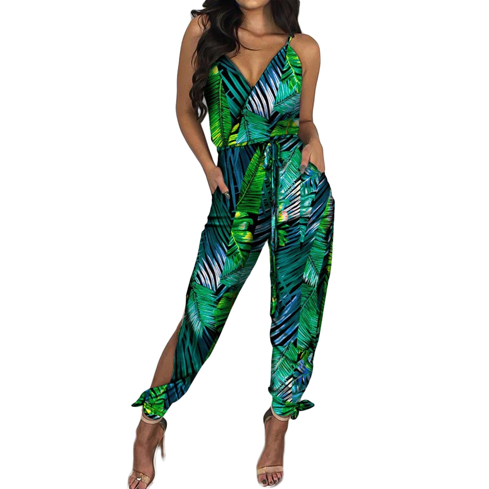 best 2021 Autumn Women Casual Sleeveless V-Neck Jumpsuits Ladies Boho Floral Bodysuit Loose Long Pencil Side Slit Pants Plus Size 0 shop online at M2K Trends for