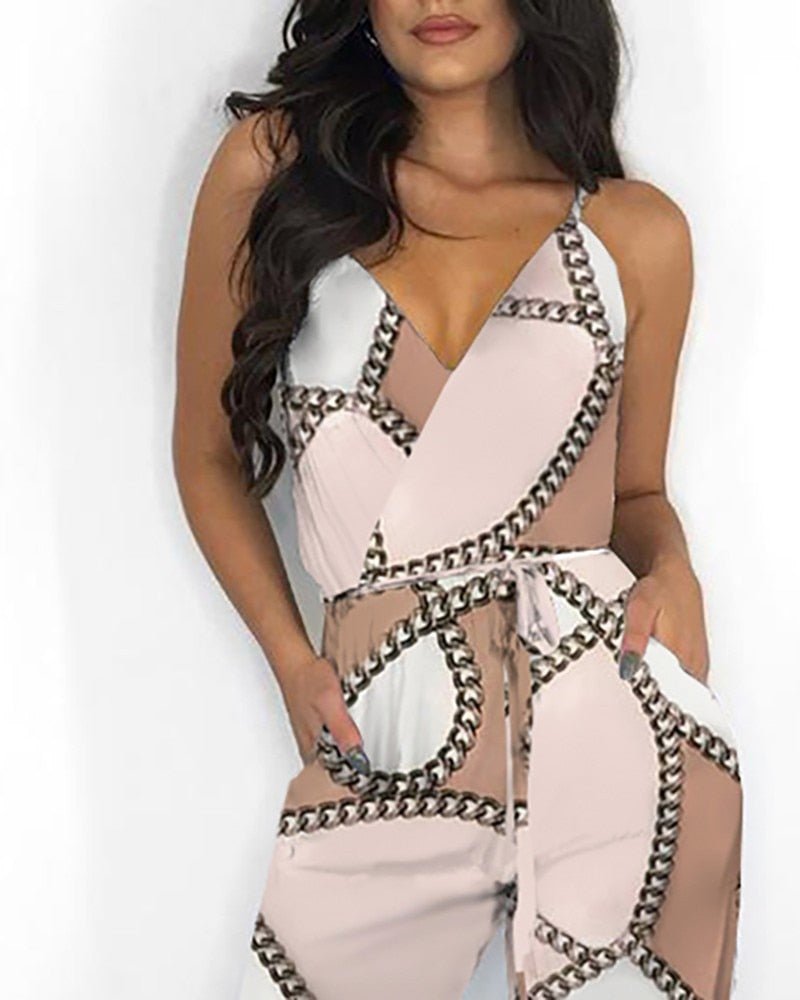 best 2021 Autumn Women Casual Sleeveless V-Neck Jumpsuits Ladies Boho Floral Bodysuit Loose Long Pencil Side Slit Pants Plus Size 0 shop online at M2K Trends for