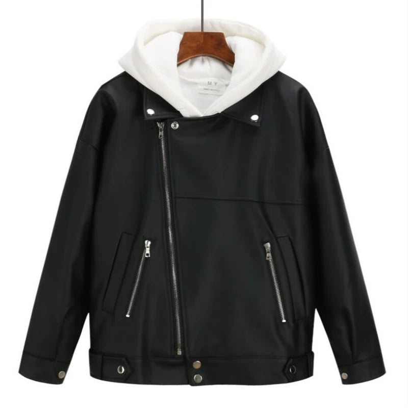 best 2021 New Arrival Women Autumn Winter Leather Jacket Oversized Boyfriend Korean Style Female Faux Coat Outwear Black Bike Jacket shop online at M2K Trends for