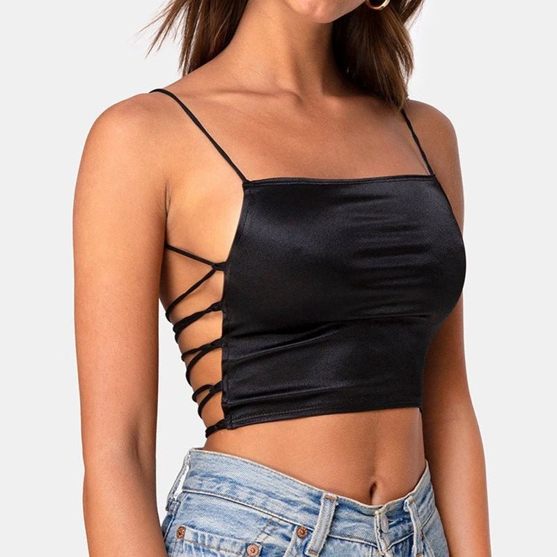 best 2021 Sexy Backless Bandage Cami Spaghetti Strap Top Summer Goth Sleeveless Cropped Y2K Streetwear Women Black Red Clothes shop online at M2K Trends for