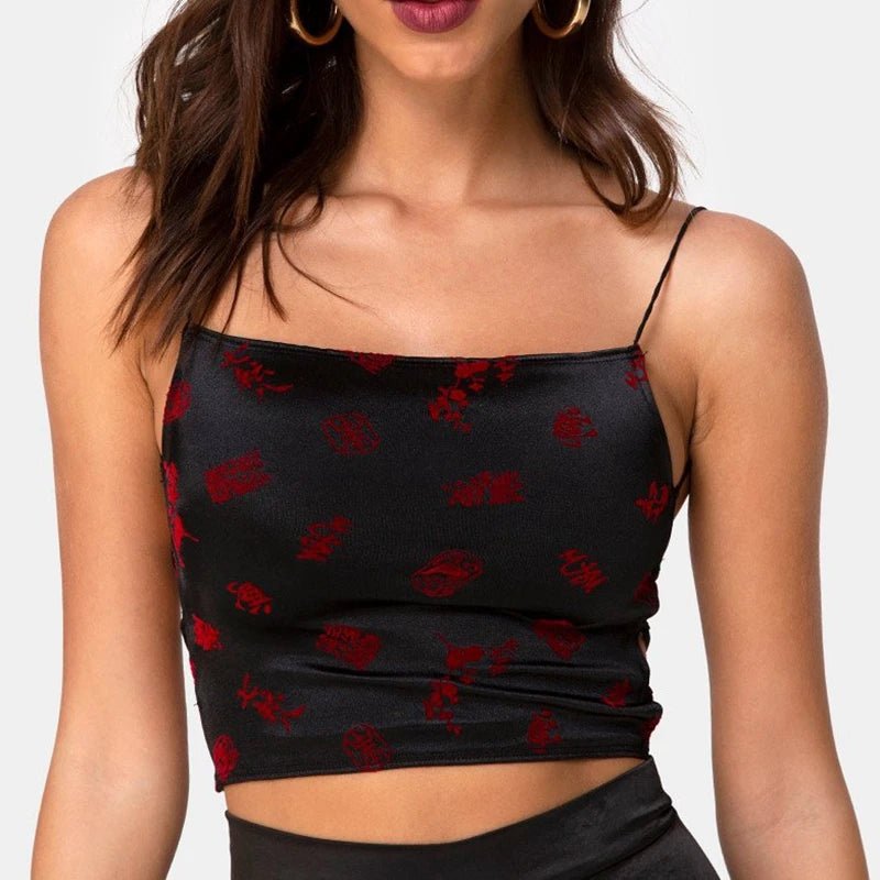 best 2021 Sexy Backless Bandage Cami Spaghetti Strap Top Summer Goth Sleeveless Cropped Y2K Streetwear Women Black Red Clothes shop online at M2K Trends for