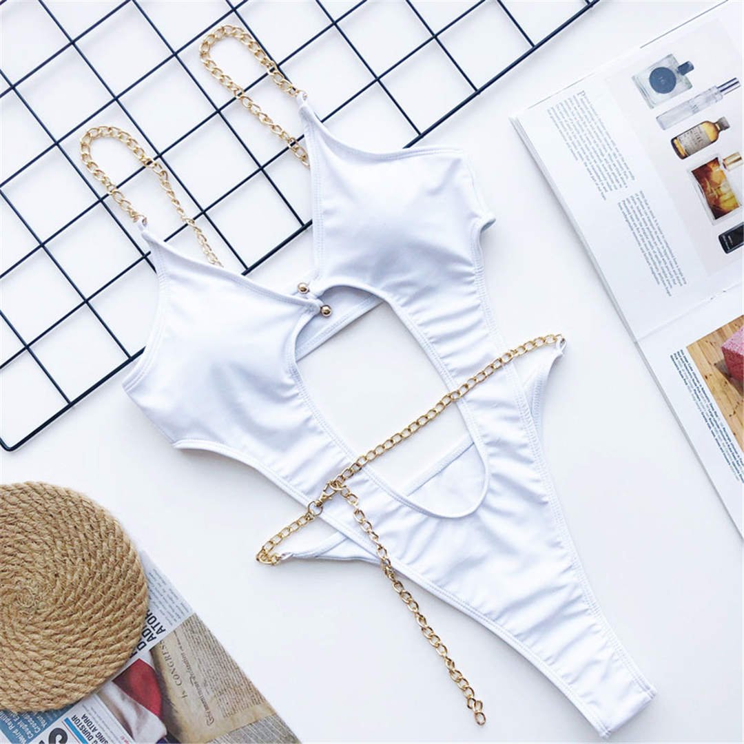 best 2021 Sexy Golden Chain String High Cut Leg One Piece Swimsuit Women Swimwear Female Bather Tummy Cut Out Bathing Suit 0 shop online at M2K Trends for