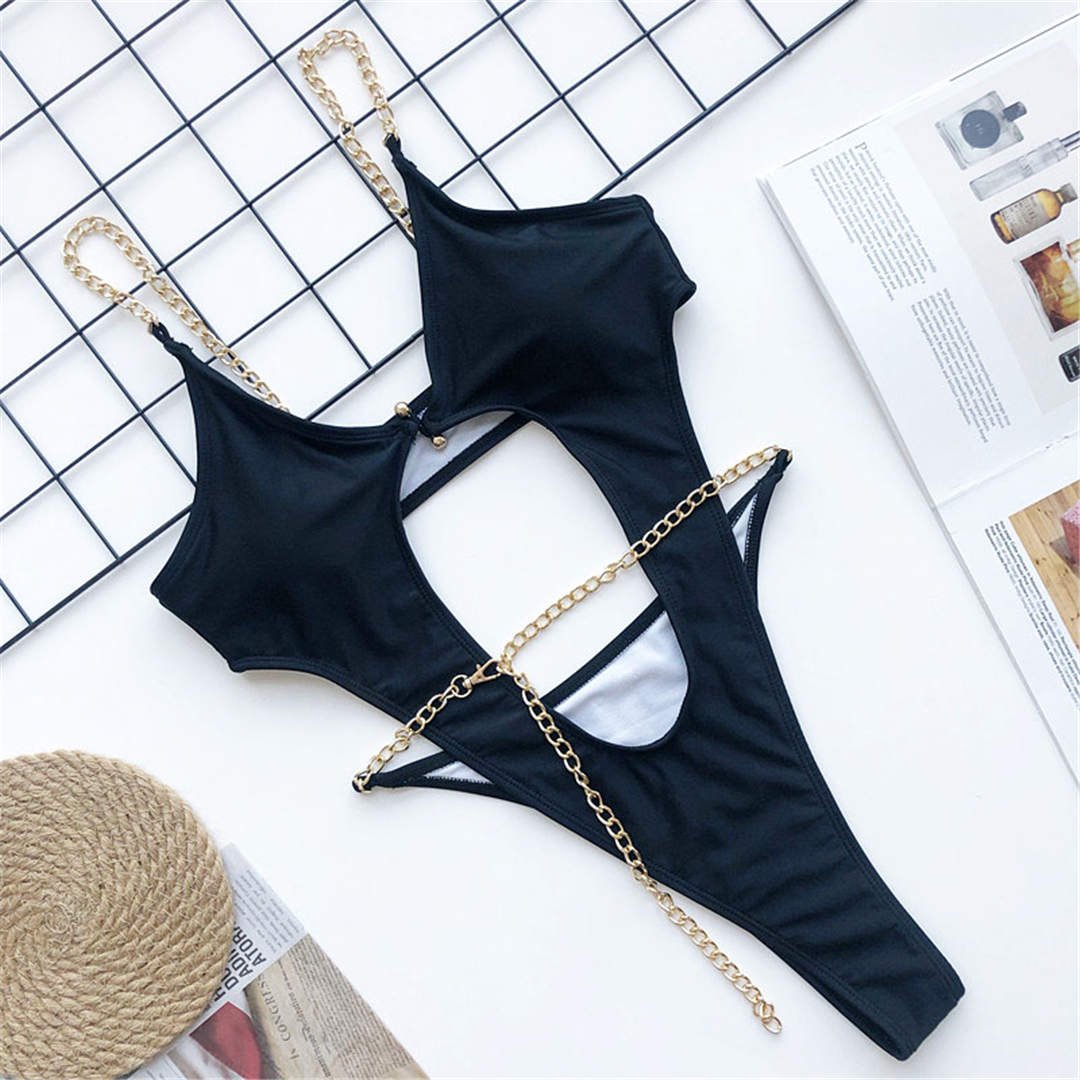 best 2021 Sexy Golden Chain String High Cut Leg One Piece Swimsuit Women Swimwear Female Bather Tummy Cut Out Bathing Suit 0 shop online at M2K Trends for