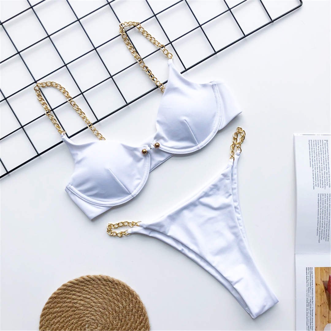 best 2021 Sexy Golden Chain String High Cut Leg One Piece Swimsuit Women Swimwear Female Bather Tummy Cut Out Bathing Suit 0 shop online at M2K Trends for