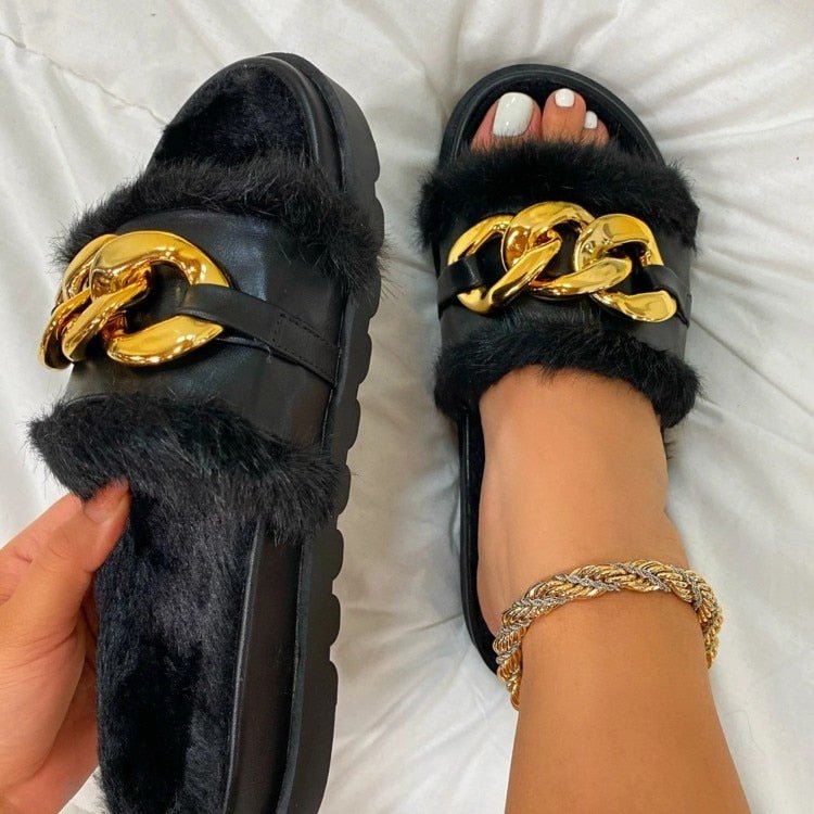 best 2021 Winter Plush Slippers Fashion Open Toe Solid Color Women&#39;s Sandals Metal Chain Outdoor Casual Women&#39;s Shoes Fashion Shoes 0 shop online at M2K Trends for