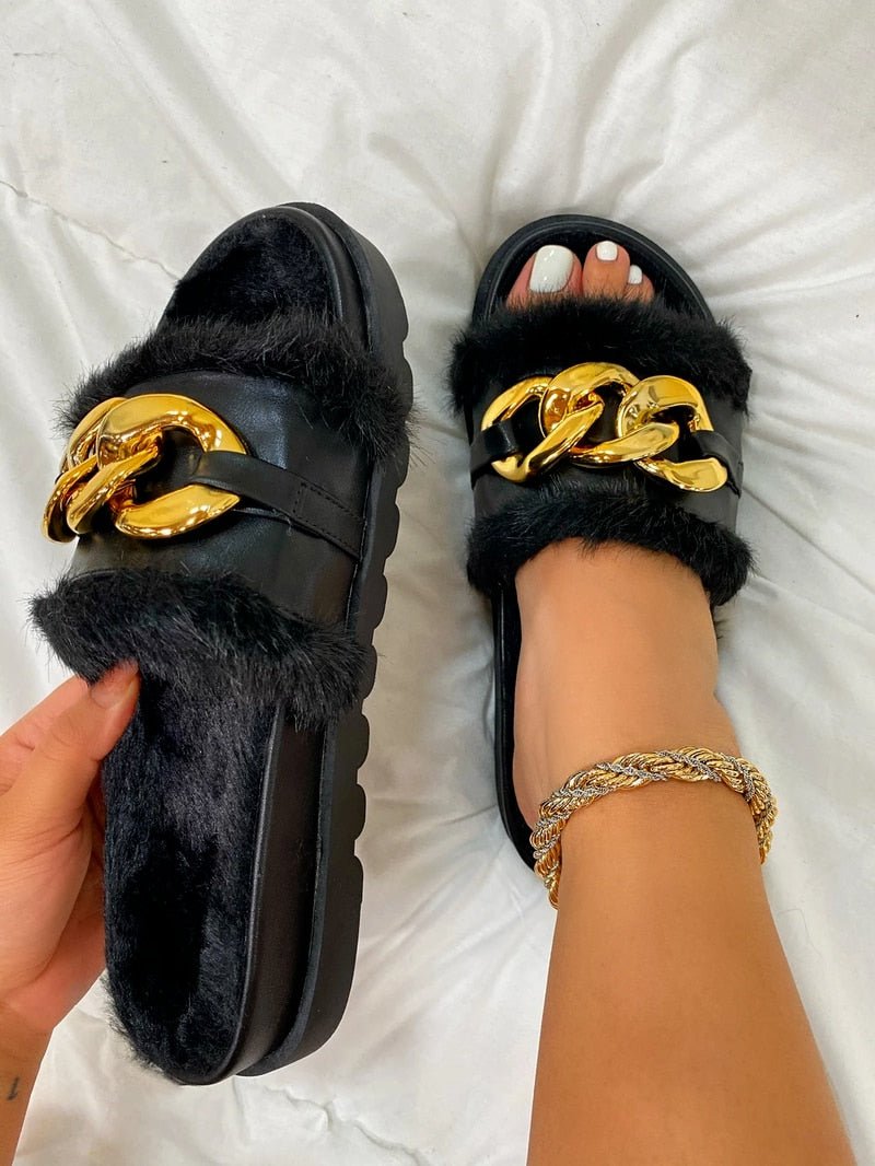 best 2021 Winter Plush Slippers Fashion Open Toe Solid Color Women&#39;s Sandals Metal Chain Outdoor Casual Women&#39;s Shoes Fashion Shoes 0 shop online at M2K Trends for