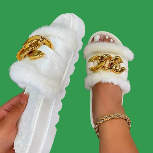 best 2021 Winter Plush Slippers Fashion Open Toe Solid Color Women's Sandals Metal Chain Outdoor Casual Women's Shoes Fashion Shoes 0 shop online at M2K Trends for