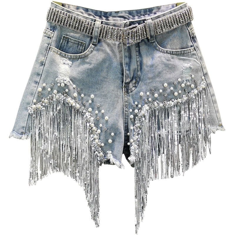 best 2021 Women Spring Summer New Elegant Shorts Lady Tassel Beading High Waist Wide Leg Denim Shorts Female Casual Solid Shorts shorts shop online at M2K Trends for best denim shorts