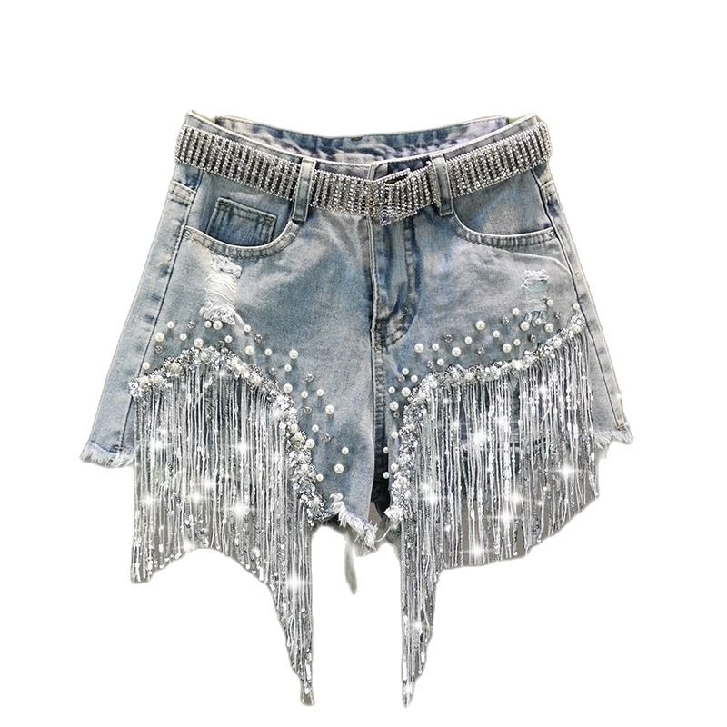 best 2021 Women Spring Summer New Elegant Shorts Lady Tassel Beading High Waist Wide Leg Denim Shorts Female Casual Solid Shorts shorts shop online at M2K Trends for best denim shorts
