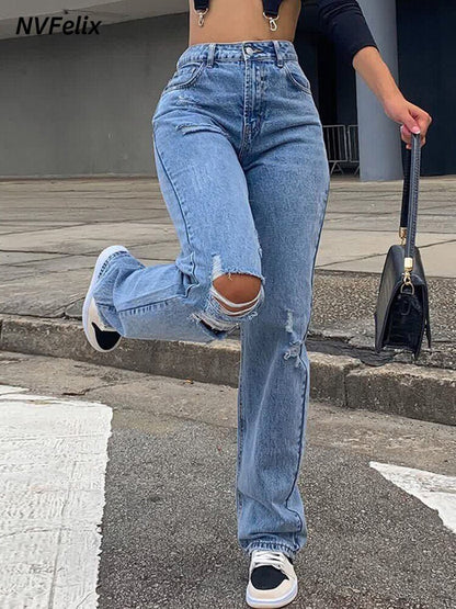 best Fashion Ripped Jeans Women High Waist Straight Denim Mom Pants Baggy Jeans Women Washed Blue Casual Female Cotton Pants New 0 shop online at M2K Trends for