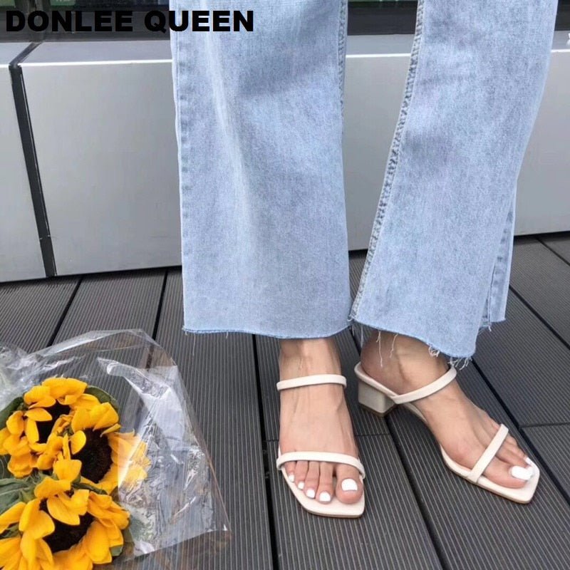 best 2022 New Summer Slippers Low Heels Slides Female Peep Toe Square Heel Slipper Brand Sandals Women Slipper Big Size 41 Flip Flops 0 shop online at M2K Trends for