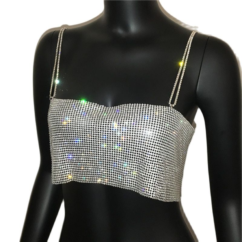 best Tank Top Glitter Metal Mesh Halter Metallic Strap Crop Tops Festival Party Sexy Women Outfits 0 shop online at M2K Trends for