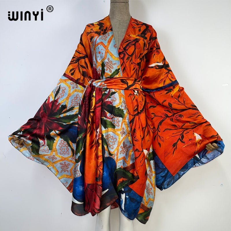 best 2022 WINYI Summer Beach Wear Swim Suit Cover kaftan sweet lady boho Cardigan stitch Self Belted sexy Holiday long Sleeve Kimono 0 shop online at M2K Trends for