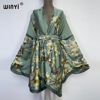 best 2022 WINYI Summer Beach Wear Swim Suit Cover kaftan sweet lady boho Cardigan stitch Self Belted sexy Holiday long Sleeve Kimono 0 shop online at M2K Trends for