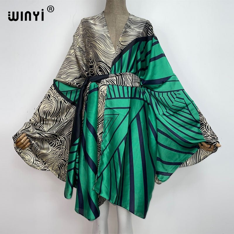 best 2022 WINYI Summer Beach Wear Swim Suit Cover kaftan sweet lady boho Cardigan stitch Self Belted sexy Holiday long Sleeve Kimono 0 shop online at M2K Trends for