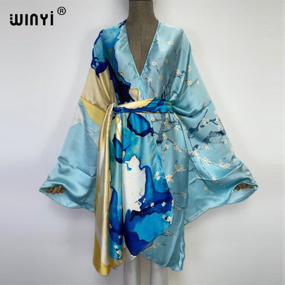 best 2022 WINYI Summer Beach Wear Swim Suit Cover kaftan sweet lady boho Cardigan stitch Self Belted sexy Holiday long Sleeve Kimono 0 shop online at M2K Trends for