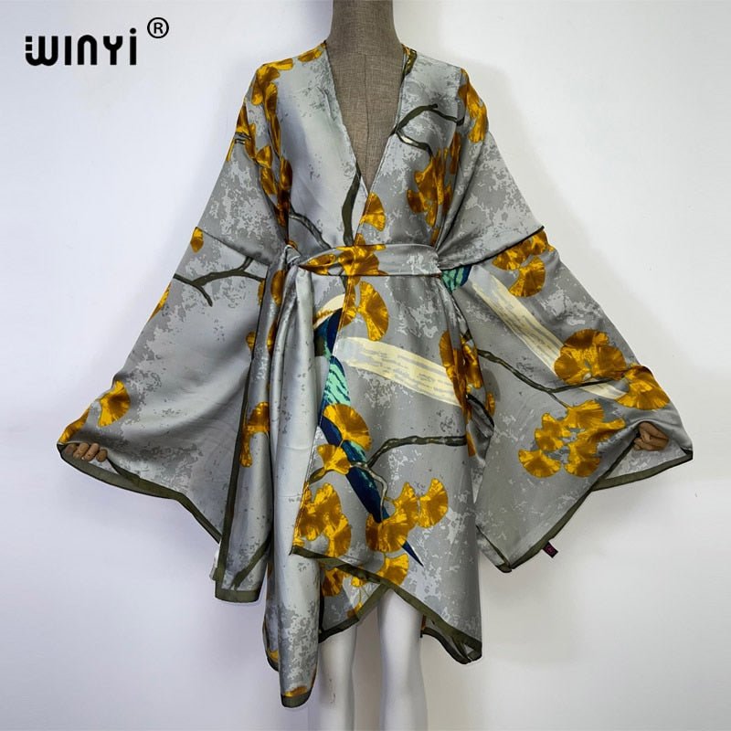 best 2022 WINYI Summer Beach Wear Swim Suit Cover kaftan sweet lady boho Cardigan stitch Self Belted sexy Holiday long Sleeve Kimono 0 shop online at M2K Trends for