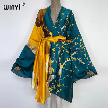 best 2022 WINYI Summer Beach Wear Swim Suit Cover kaftan sweet lady boho Cardigan stitch Self Belted sexy Holiday long Sleeve Kimono 0 shop online at M2K Trends for