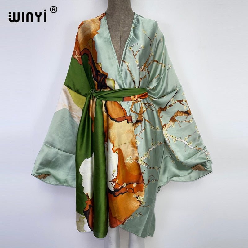 best 2022 WINYI Summer Beach Wear Swim Suit Cover kaftan sweet lady boho Cardigan stitch Self Belted sexy Holiday long Sleeve Kimono 0 shop online at M2K Trends for