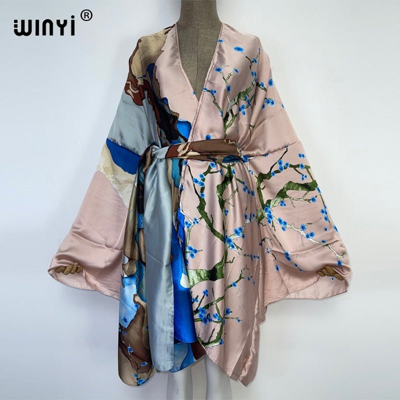 best 2022 WINYI Summer Beach Wear Swim Suit Cover kaftan sweet lady boho Cardigan stitch Self Belted sexy Holiday long Sleeve Kimono 0 shop online at M2K Trends for