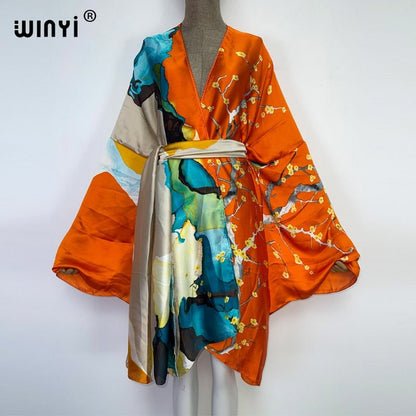 best 2022 WINYI Summer Beach Wear Swim Suit Cover kaftan sweet lady boho Cardigan stitch Self Belted sexy Holiday long Sleeve Kimono 0 shop online at M2K Trends for