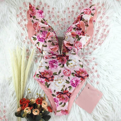 best 2023 New Sexy Ruffle Print Floral One Piece Swimsuit Off The Shoulder Swimwear Women Solid Deep-V Beachwear Bathing Suit Monkini 0 shop online at M2K Trends for