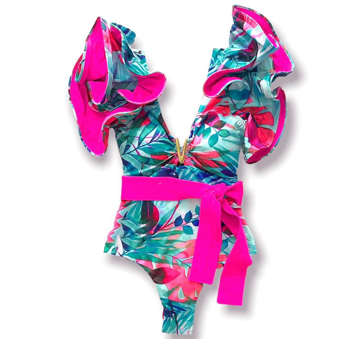 best 2023 New Sexy Ruffle Print Floral One Piece Swimsuit Off The Shoulder Swimwear Women Solid Deep-V Beachwear Bathing Suit Monkini 0 shop online at M2K Trends for