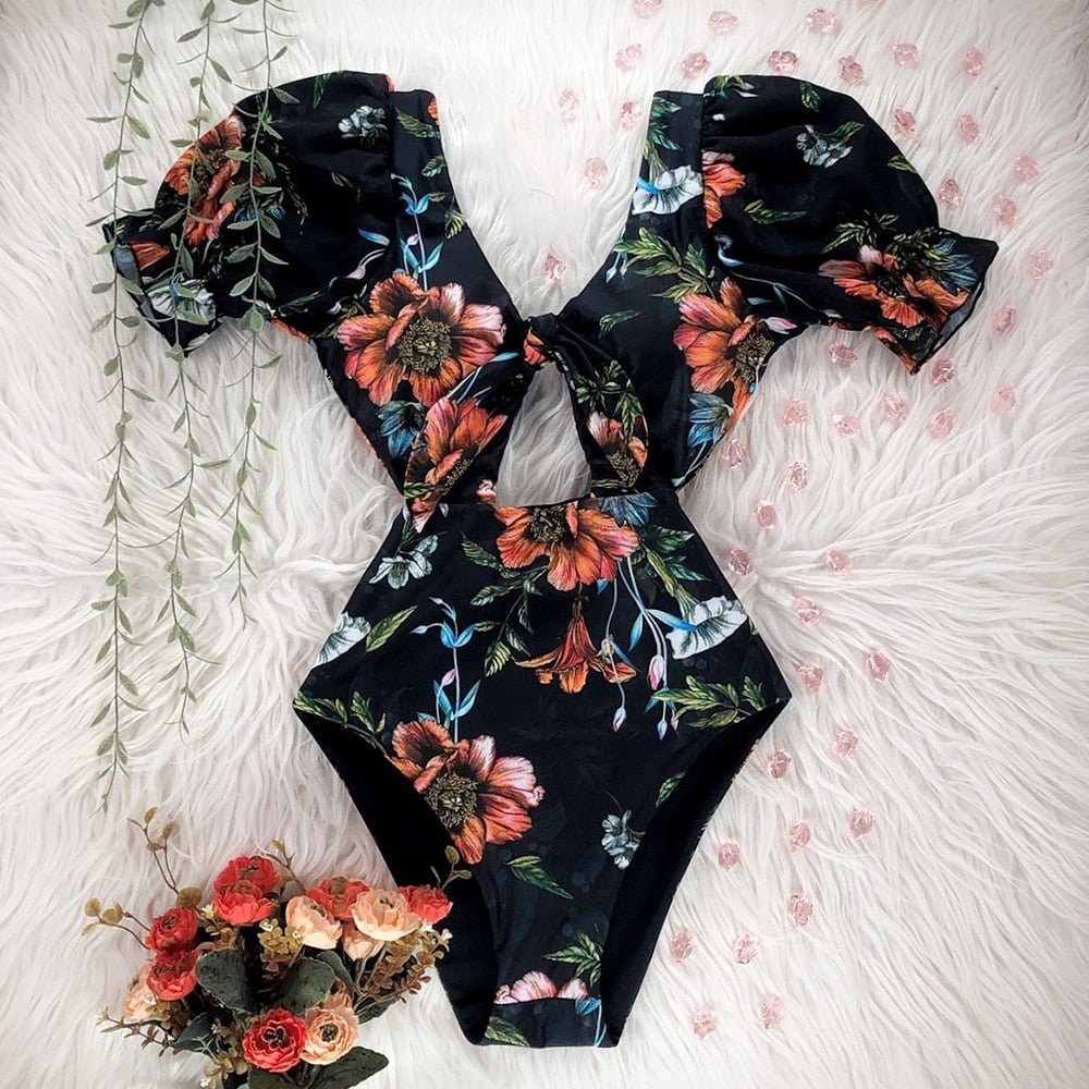 best 2023 New Sexy Ruffle Print Floral One Piece Swimsuit Off The Shoulder Swimwear Women Solid Deep-V Beachwear Bathing Suit Monkini 0 shop online at M2K Trends for