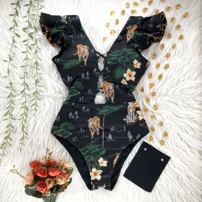 best 2023 New Sexy Ruffle Print Floral One Piece Swimsuit Off The Shoulder Swimwear Women Solid Deep-V Beachwear Bathing Suit Monkini 0 shop online at M2K Trends for