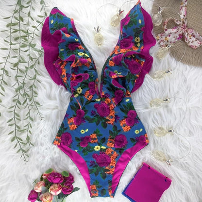 best 2023 New Sexy Ruffle Print Floral One Piece Swimsuit Off The Shoulder Swimwear Women Solid Deep-V Beachwear Bathing Suit Monkini 0 shop online at M2K Trends for