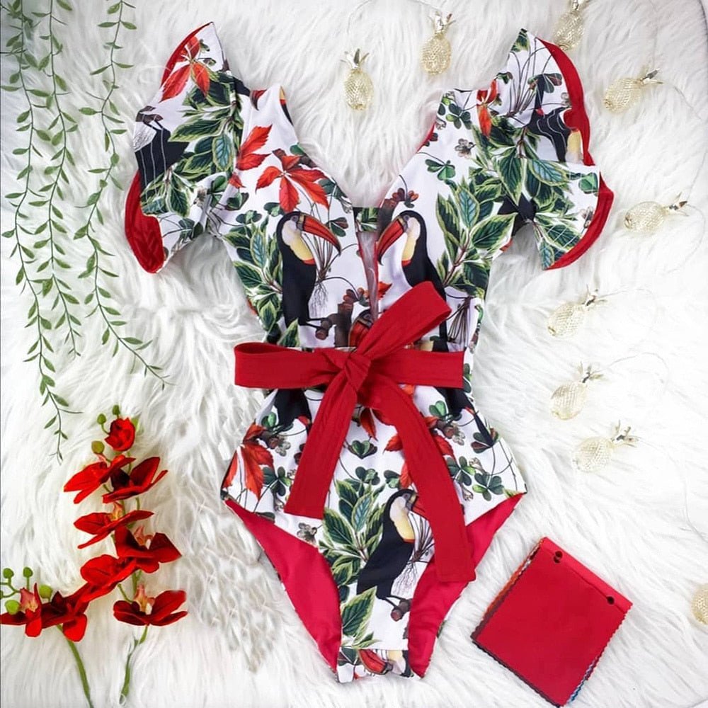 best 2023 New Sexy Ruffle Print Floral One Piece Swimsuit Off The Shoulder Swimwear Women Solid Deep-V Beachwear Bathing Suit Monkini 0 shop online at M2K Trends for