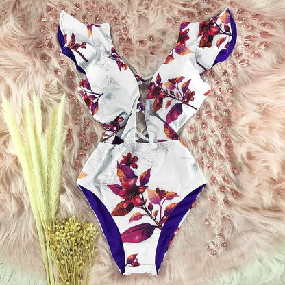 best 2023 New Sexy Ruffle Print Floral One Piece Swimsuit Off The Shoulder Swimwear Women Solid Deep-V Beachwear Bathing Suit Monkini 0 shop online at M2K Trends for