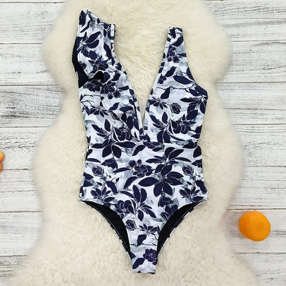 best 2023 New Sexy Ruffle Print Floral One Piece Swimsuit Off The Shoulder Swimwear Women Solid Deep-V Beachwear Bathing Suit Monkini 0 shop online at M2K Trends for