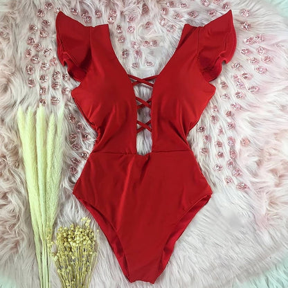 best 2023 New Sexy Ruffle Print Floral One Piece Swimsuit Off The Shoulder Swimwear Women Solid Deep-V Beachwear Bathing Suit Monkini 0 shop online at M2K Trends for