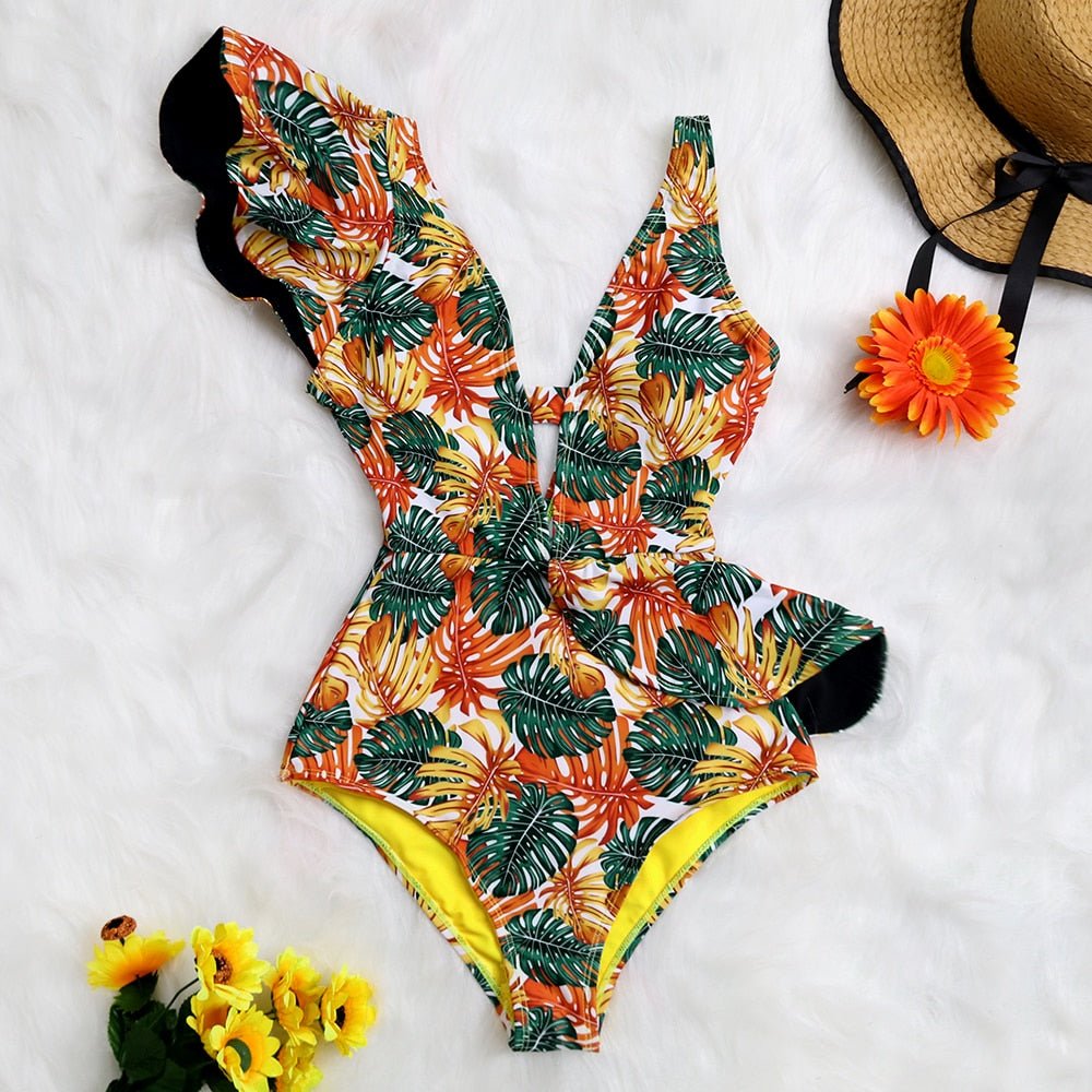 best 2023 New Sexy Ruffle Print Floral One Piece Swimsuit Off The Shoulder Swimwear Women Solid Deep-V Beachwear Bathing Suit Monkini 0 shop online at M2K Trends for