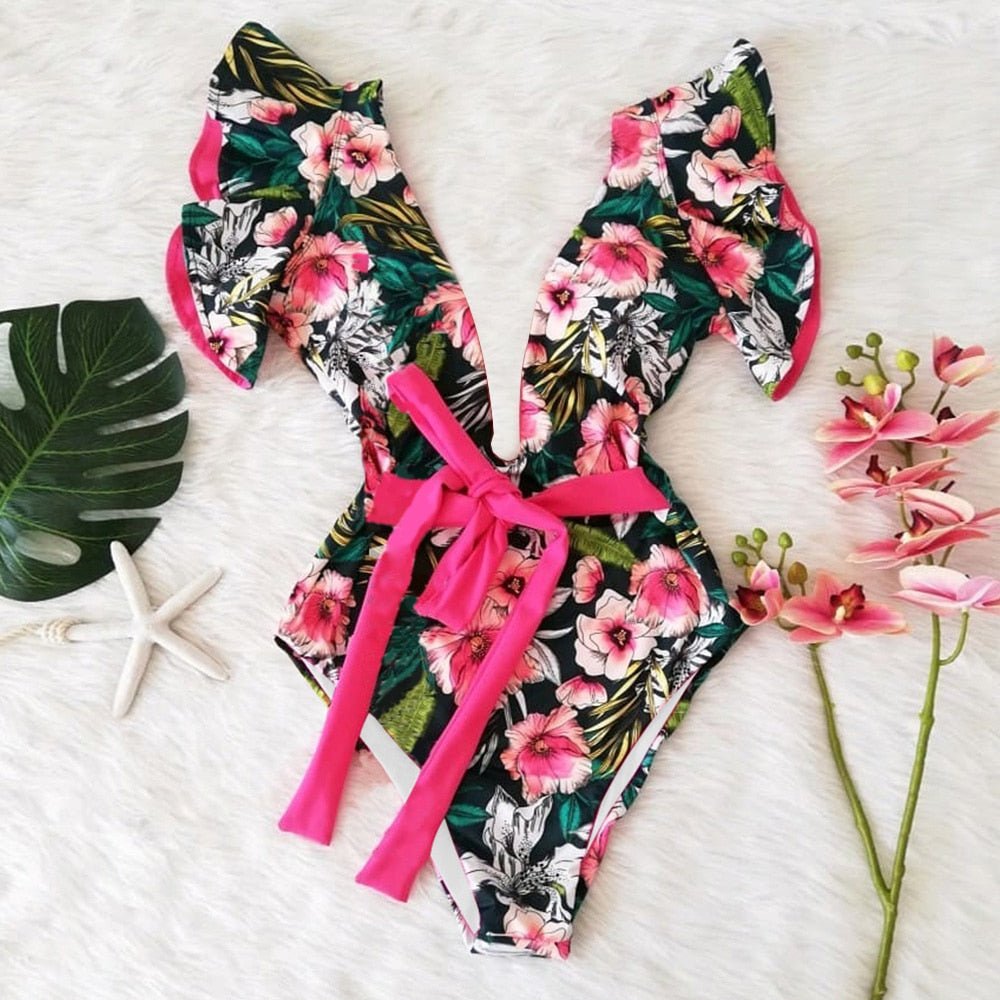 best 2023 New Sexy Ruffle Print Floral One Piece Swimsuit Off The Shoulder Swimwear Women Solid Deep-V Beachwear Bathing Suit Monkini 0 shop online at M2K Trends for