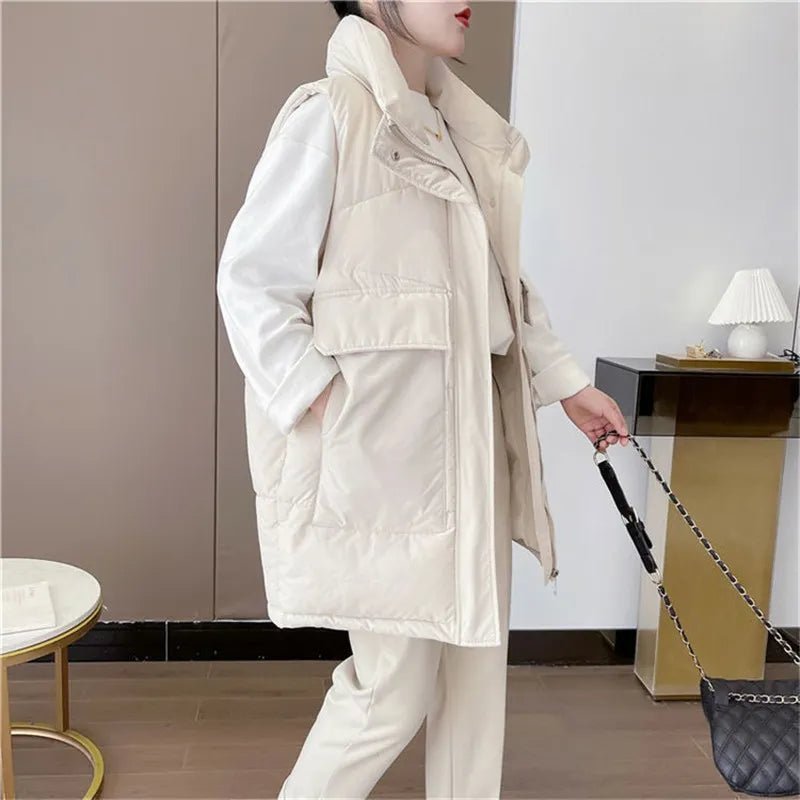 best 2023 New Women's Vest Jacket Down Cotton Vest Autumn Winter Jacket Thicken Loose Long Coat Female Sleeveless Waistcoat Snow Wear shop online at M2K Trends for