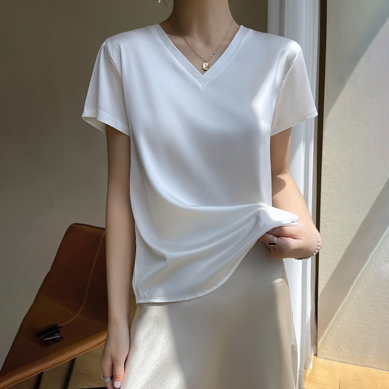 best 2023 Summer Basic Solid Women's T-Shirts V-Neck Short Sleeve Tees Tops Satin Silk Elegant Thin Shirts for Female 0 shop online at M2K Trends for