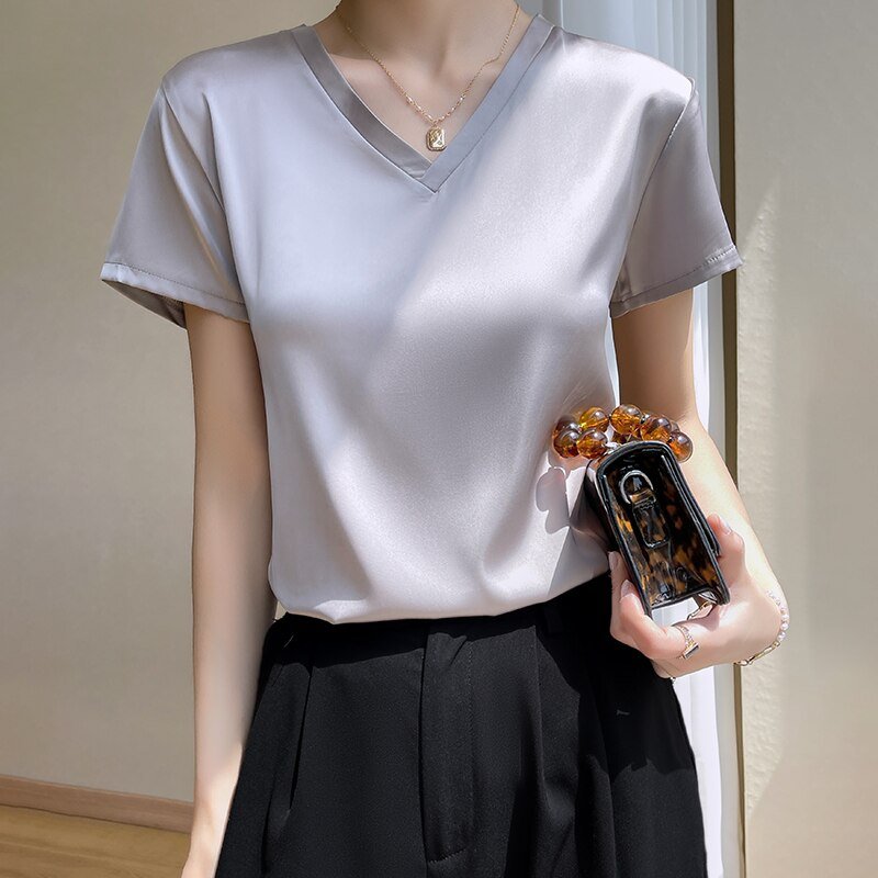 best 2023 Summer Basic Solid Women's T-Shirts V-Neck Short Sleeve Tees Tops Satin Silk Elegant Thin Shirts for Female 0 shop online at M2K Trends for
