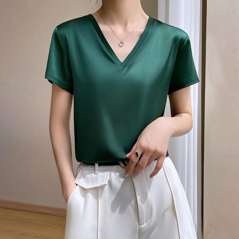 best 2023 Summer Basic Solid Women's T-Shirts V-Neck Short Sleeve Tees Tops Satin Silk Elegant Thin Shirts for Female 0 shop online at M2K Trends for