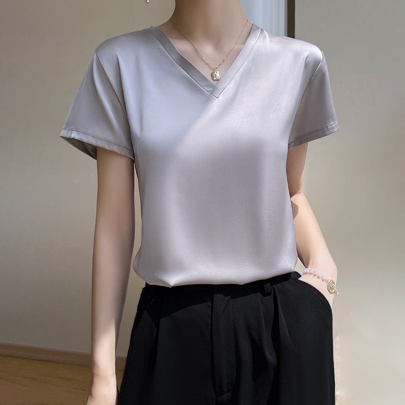 best 2023 Summer Basic Solid Women's T-Shirts V-Neck Short Sleeve Tees Tops Satin Silk Elegant Thin Shirts for Female 0 shop online at M2K Trends for