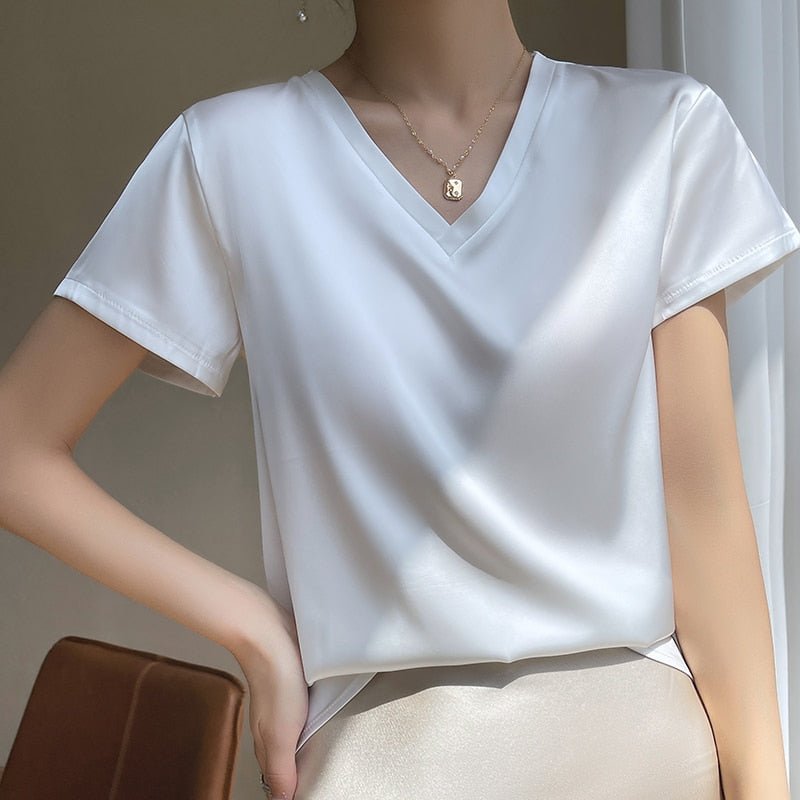 best 2023 Summer Basic Solid Women's T-Shirts V-Neck Short Sleeve Tees Tops Satin Silk Elegant Thin Shirts for Female 0 shop online at M2K Trends for
